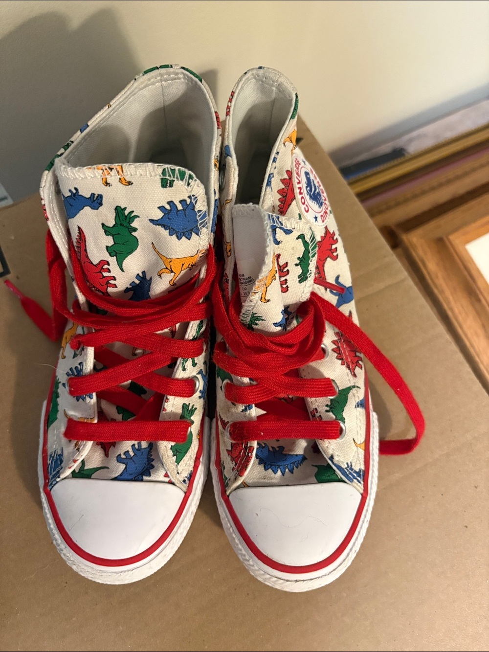 Converse Kids High Top Sneakers with Multicolor Dinosaur Print and Red Laces